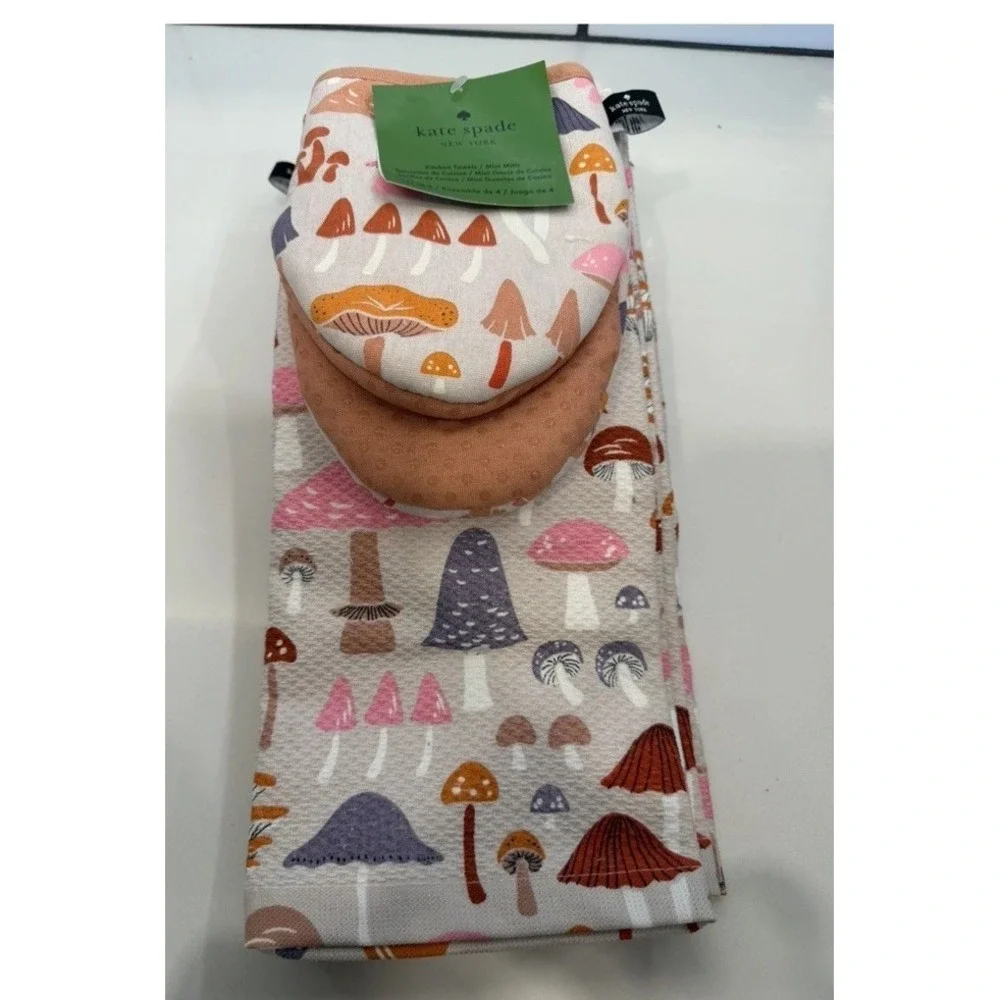 KATE SPADE TOWELS AND MINI OVEN MITTS MUSHROOMS GRAY PINK PURPLE CORAL New